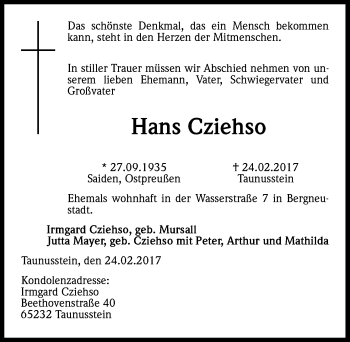 Anzeige von Hans Cziehso von Kölner Stadt-Anzeiger / Kölnische Rundschau / Express