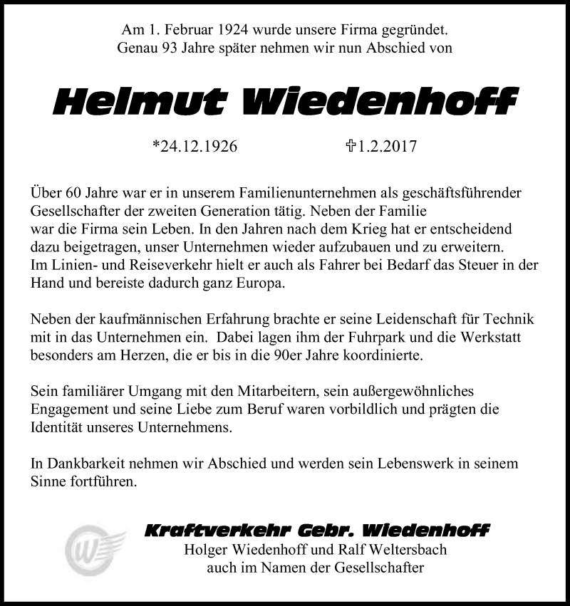  Traueranzeige für Helmut Wiedenhoff vom 04.02.2017 aus Kölner Stadt-Anzeiger / Kölnische Rundschau / Express