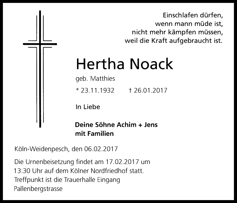  Traueranzeige für Hertha Noack vom 11.02.2017 aus Kölner Stadt-Anzeiger / Kölnische Rundschau / Express