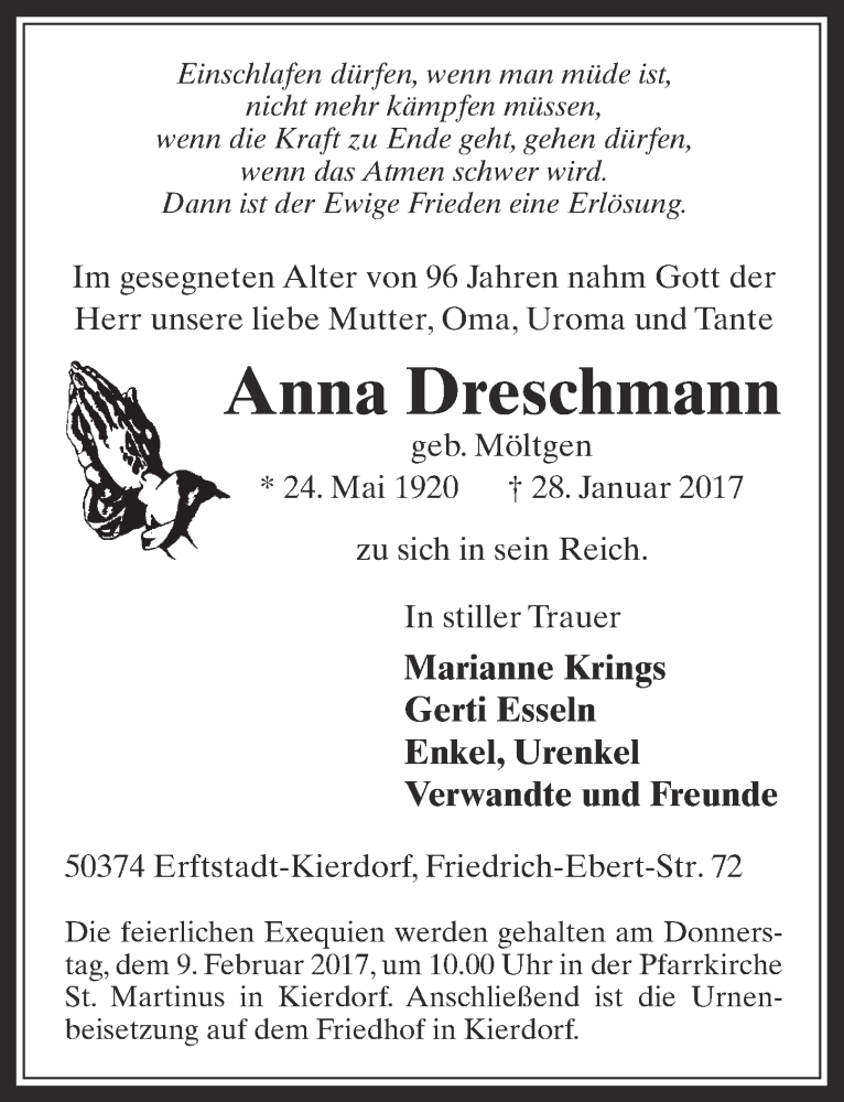  Traueranzeige für Anna Dreschmann vom 04.02.2017 aus  Sonntags-Post 