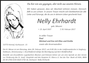 Anzeige von Nelly Ehrhardt von Kölner Stadt-Anzeiger / Kölnische Rundschau / Express