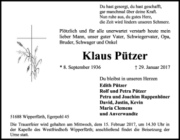 Anzeige von Klaus Pützer von Kölner Stadt-Anzeiger / Kölnische Rundschau / Express