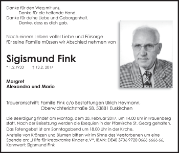Anzeige von Sigismund Fink von  Blickpunkt Euskirchen 