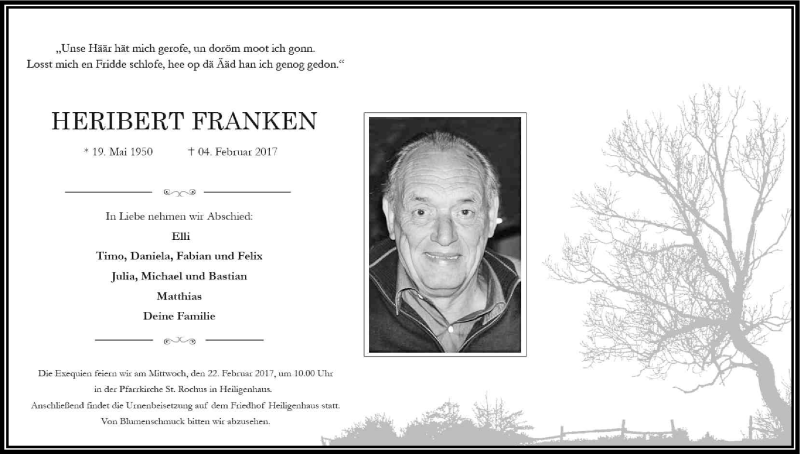  Traueranzeige für Heribert Franken vom 11.02.2017 aus Kölner Stadt-Anzeiger / Kölnische Rundschau / Express