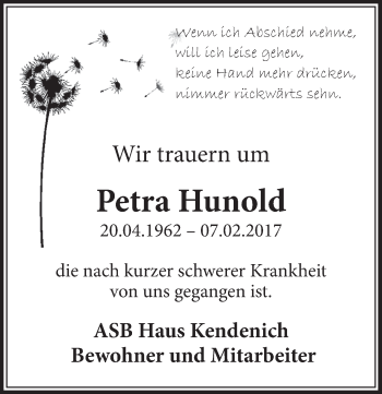 Anzeige von Petra Hunold von  Sonntags-Post 