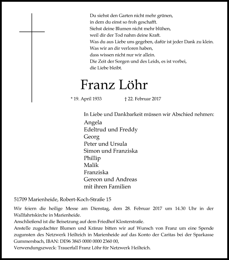  Traueranzeige für Franz Löhr vom 25.02.2017 aus Kölner Stadt-Anzeiger / Kölnische Rundschau / Express