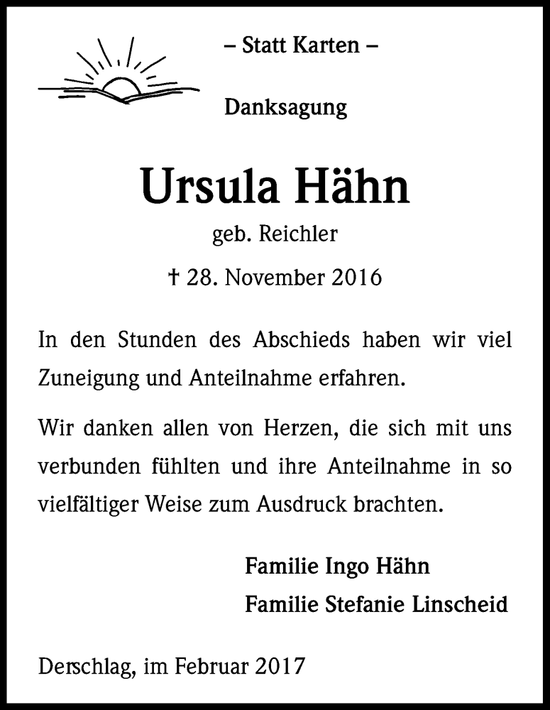  Traueranzeige für Ursula Hähn vom 02.02.2017 aus Kölner Stadt-Anzeiger / Kölnische Rundschau / Express