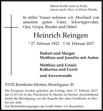 Anzeige von Heinrich Reingen von Kölner Stadt-Anzeiger / Kölnische Rundschau / Express