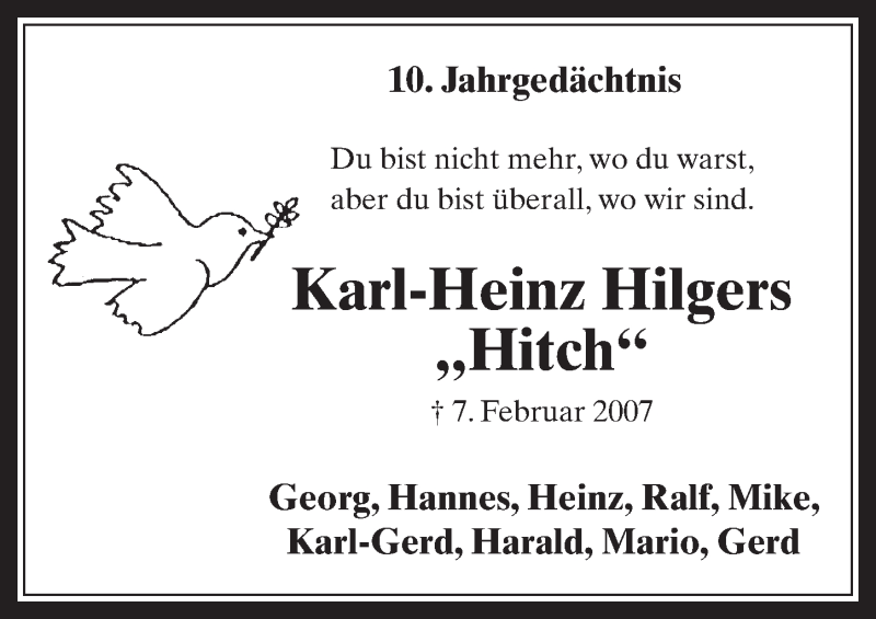  Traueranzeige für Karl-Heinz Hilgers vom 08.02.2017 aus  Werbepost 