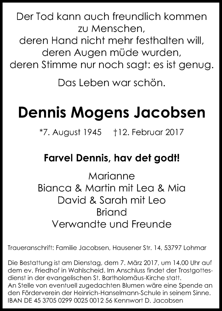  Traueranzeige für Dennis Mogens Jacobsen vom 25.02.2017 aus Kölner Stadt-Anzeiger / Kölnische Rundschau / Express