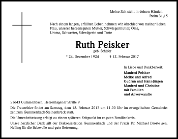 Anzeige von Ruth Peisker von Kölner Stadt-Anzeiger / Kölnische Rundschau / Express