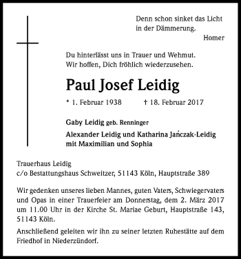 Anzeige von Paul Josef Leidig von Kölner Stadt-Anzeiger / Kölnische Rundschau / Express