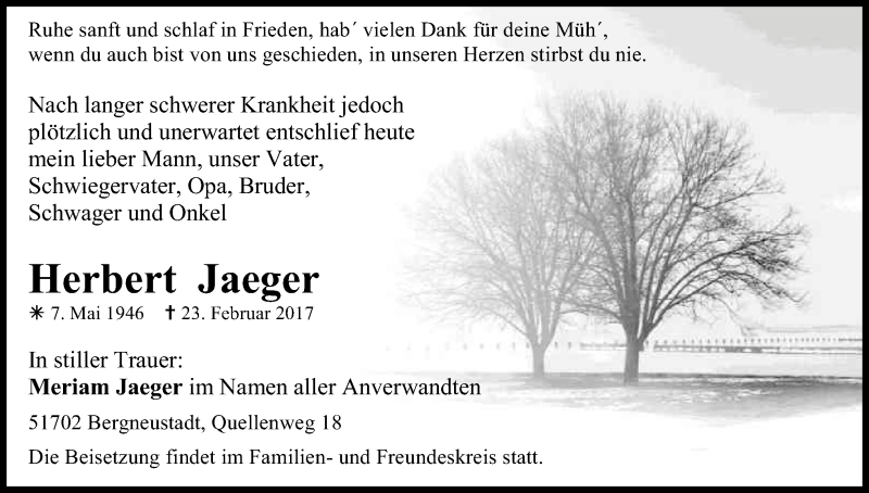  Traueranzeige für Herbert Jaeger vom 01.03.2017 aus Kölner Stadt-Anzeiger / Kölnische Rundschau / Express