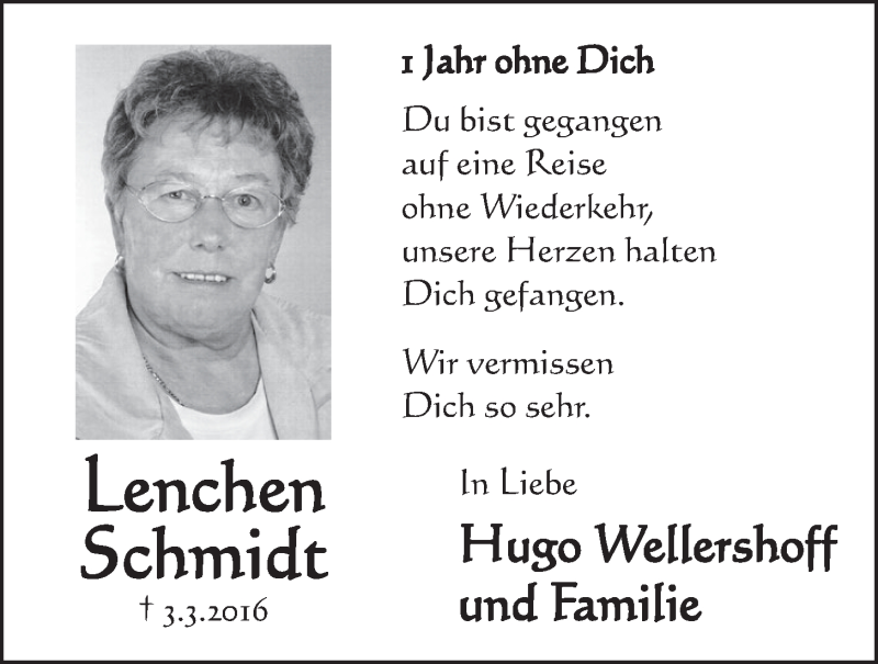  Traueranzeige für Lenchen Schmidt vom 01.03.2017 aus  Schlossbote/Werbekurier 