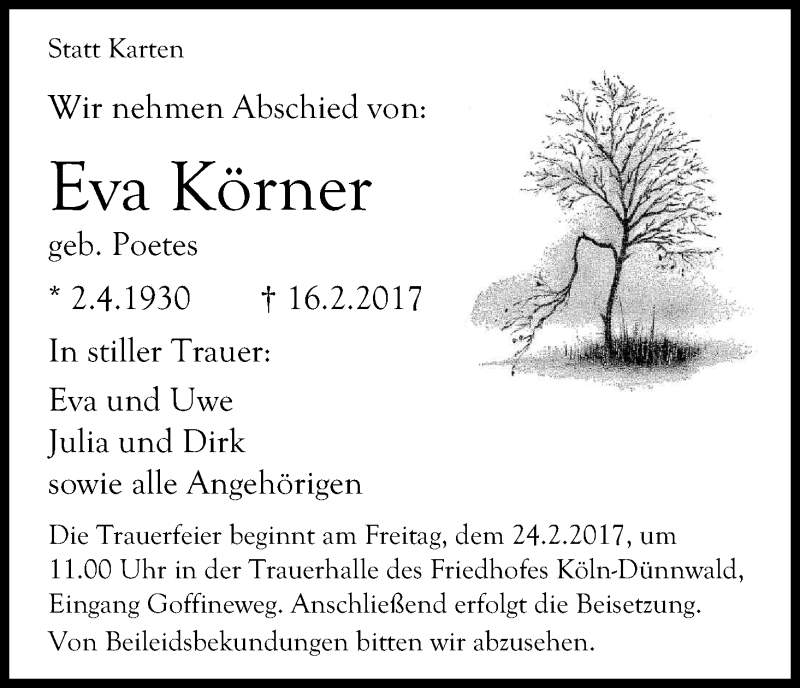  Traueranzeige für Eva Körner vom 21.02.2017 aus Kölner Stadt-Anzeiger / Kölnische Rundschau / Express