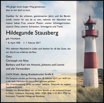 Anzeige von Hildegunde Stausberg von Kölner Stadt-Anzeiger / Kölnische Rundschau / Express