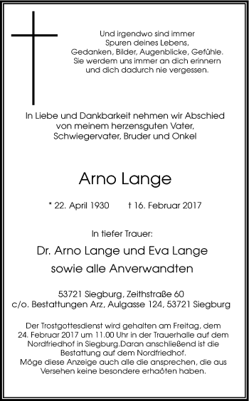 Anzeige von Arno Lange von Kölner Stadt-Anzeiger / Kölnische Rundschau / Express