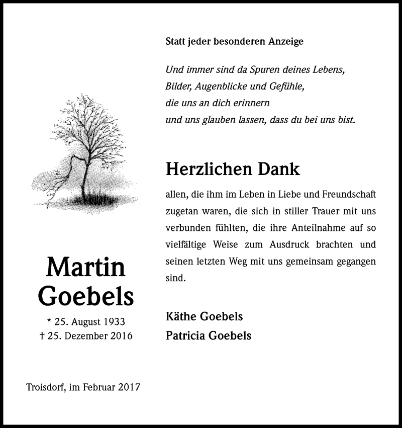  Traueranzeige für Martin Goebels vom 04.02.2017 aus Kölner Stadt-Anzeiger / Kölnische Rundschau / Express