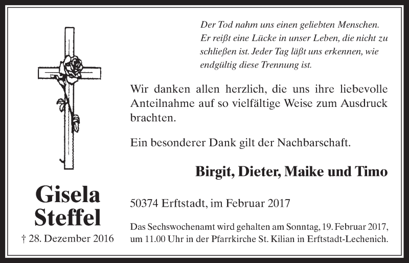  Traueranzeige für Gisela Steffel vom 15.02.2017 aus  Werbepost 