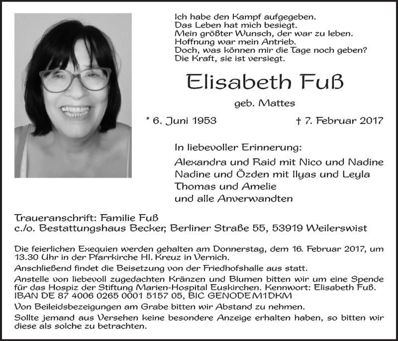  Traueranzeige für Elisabeth Fuß vom 11.02.2017 aus  Blickpunkt Euskirchen 