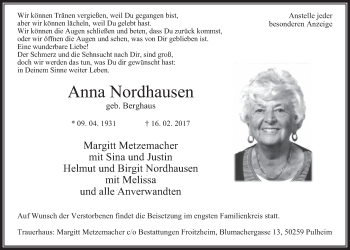 Anzeige von Anna Nordhausen von  Wochenende 