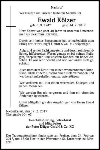 Anzeige von Ewald Kölzer von Kölner Stadt-Anzeiger / Kölnische Rundschau / Express