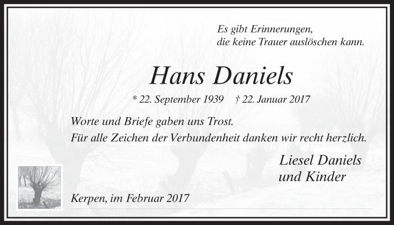  Traueranzeige für Hans Daniels vom 18.02.2017 aus  Sonntags-Post 