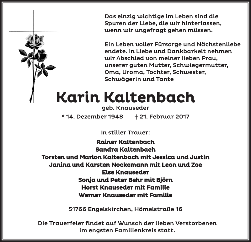  Traueranzeige für Karin Kaltenbach vom 01.03.2017 aus  Anzeigen Echo 