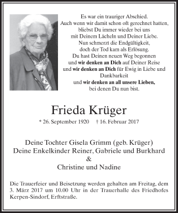 Anzeige von Frieda Krüger von  Sonntags-Post 