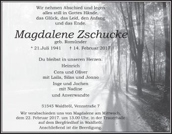 Anzeige von Magdalene Zschucke von  Lokalanzeiger 