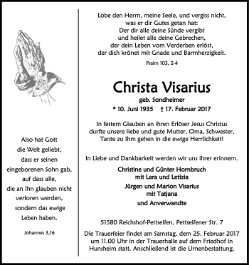 Anzeige von Christa Visarius von Kölner Stadt-Anzeiger / Kölnische Rundschau / Express