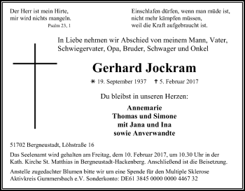 Anzeige von Gerhard Jockram von Kölner Stadt-Anzeiger / Kölnische Rundschau / Express