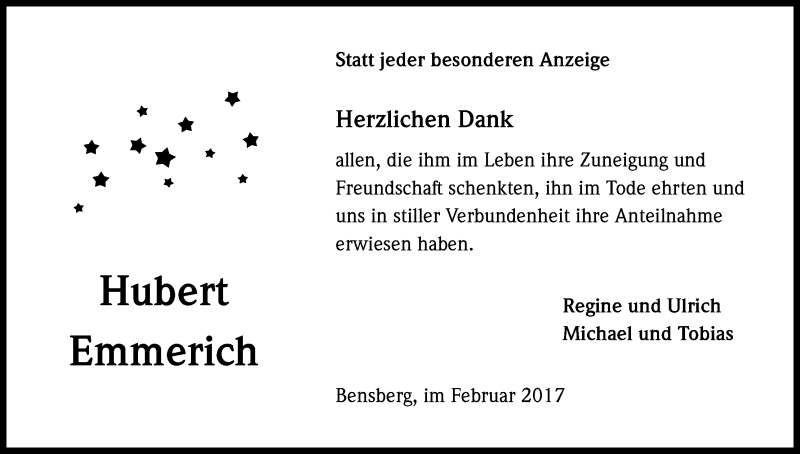  Traueranzeige für Hubert Emmerich vom 25.02.2017 aus Kölner Stadt-Anzeiger / Kölnische Rundschau / Express