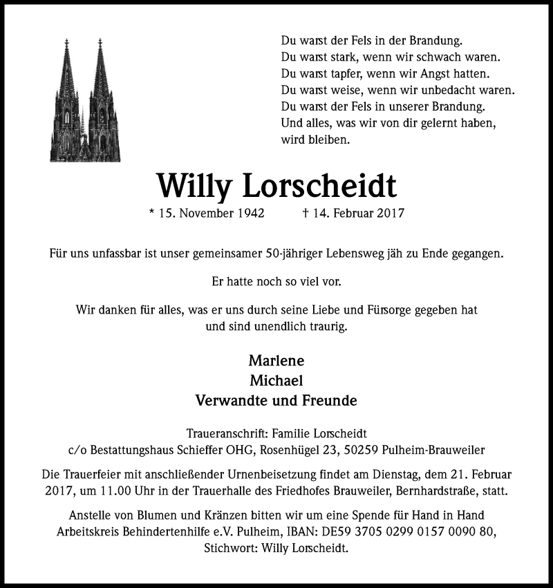  Traueranzeige für Willy Lorscheidt vom 18.02.2017 aus Kölner Stadt-Anzeiger / Kölnische Rundschau / Express