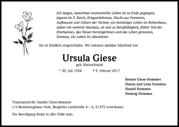 Anzeige von Ursula Giese von Kölner Stadt-Anzeiger / Kölnische Rundschau / Express