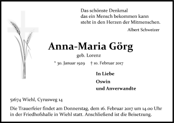 Anzeige von Anna-Maria Görg von Kölner Stadt-Anzeiger / Kölnische Rundschau / Express