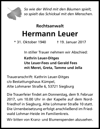 Anzeige von Hermann Leuer von Kölner Stadt-Anzeiger / Kölnische Rundschau / Express