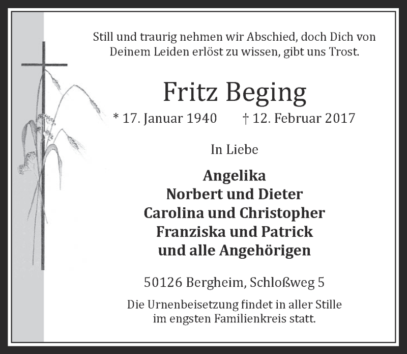  Traueranzeige für Fritz Beging vom 22.02.2017 aus  Werbepost 
