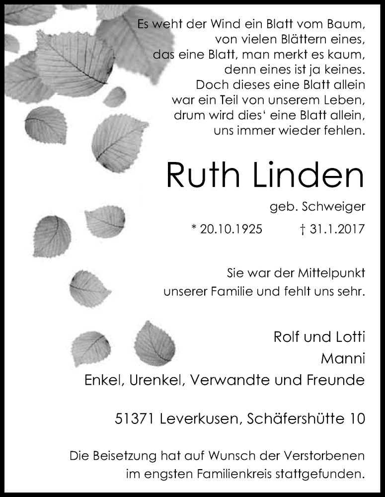  Traueranzeige für Ruth Linden vom 18.02.2017 aus Kölner Stadt-Anzeiger / Kölnische Rundschau / Express
