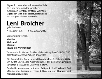 Anzeige von Leni Broicher von Kölner Stadt-Anzeiger / Kölnische Rundschau / Express