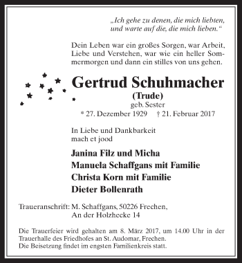 Anzeige von Gertrud Schuhmacher von  Wochenende 