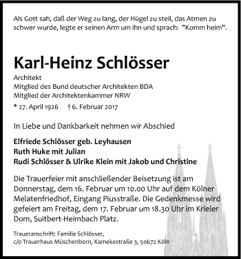 Anzeige von Karl-Heinz Schlösser von Kölner Stadt-Anzeiger / Kölnische Rundschau / Express
