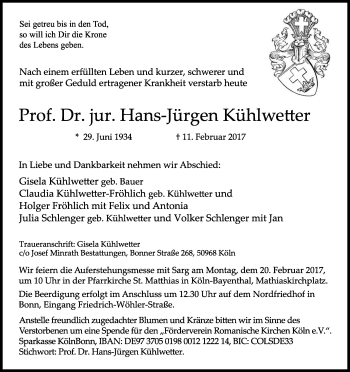 Anzeige von Hans-Jürgen Kühlwetter von Kölner Stadt-Anzeiger / Kölnische Rundschau / Express