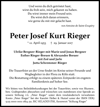 Anzeige von Peter Josef Kurt Rieger von Kölner Stadt-Anzeiger / Kölnische Rundschau / Express