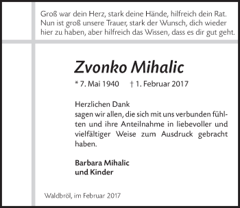 Anzeige von Zvonko Mihalic von  Lokalanzeiger 