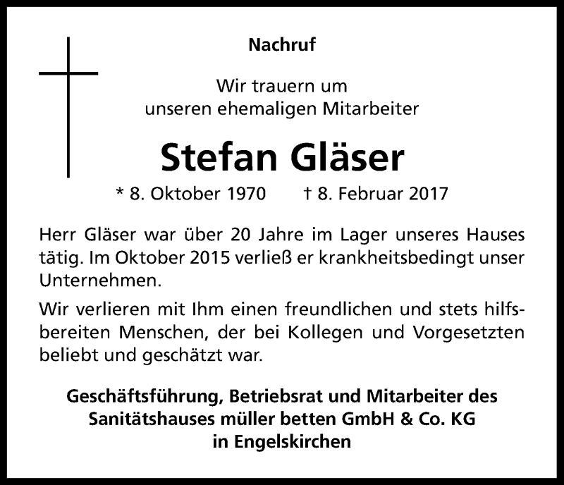  Traueranzeige für Stefan Gläser vom 16.02.2017 aus Kölner Stadt-Anzeiger / Kölnische Rundschau / Express