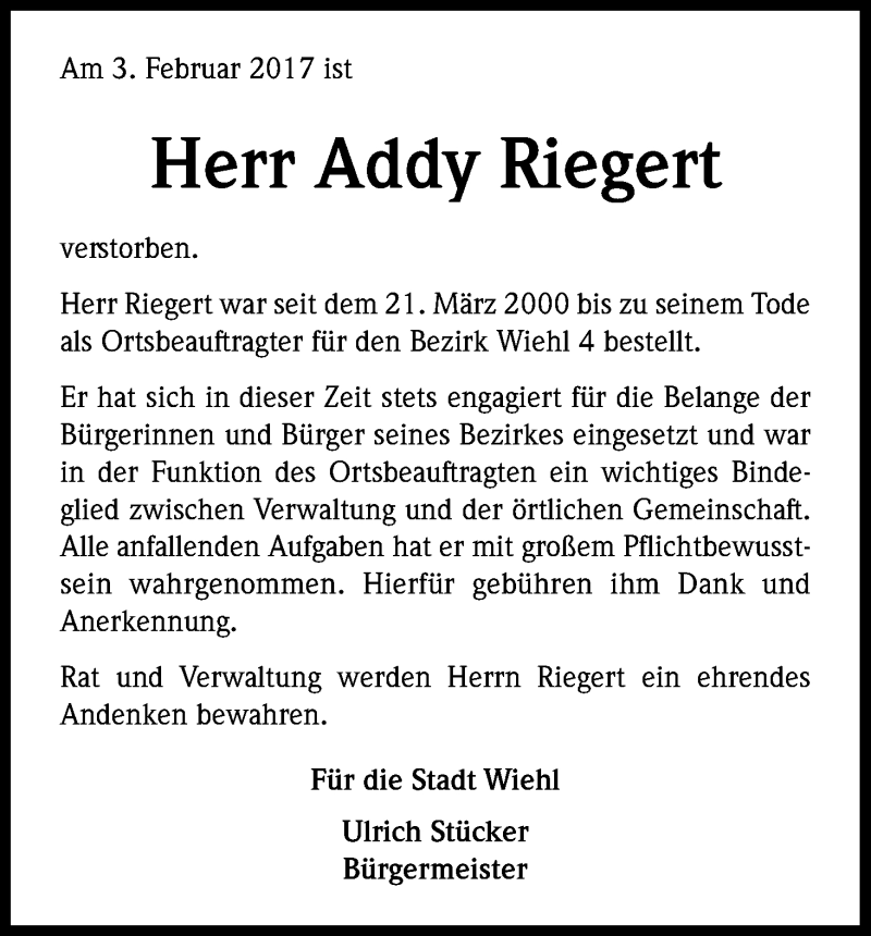  Traueranzeige für Addy Riegert vom 10.02.2017 aus Kölner Stadt-Anzeiger / Kölnische Rundschau / Express