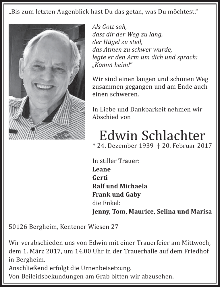  Traueranzeige für Edwin Schlachter vom 25.02.2017 aus  Sonntags-Post 