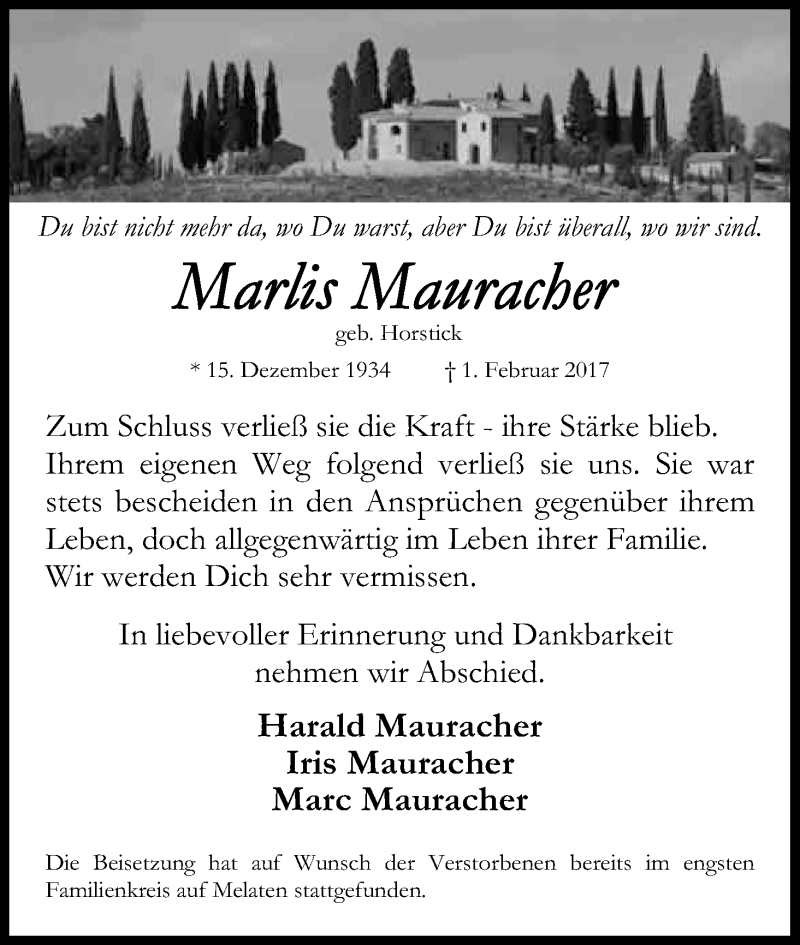  Traueranzeige für Marlis Mauracher vom 18.02.2017 aus Kölner Stadt-Anzeiger / Kölnische Rundschau / Express