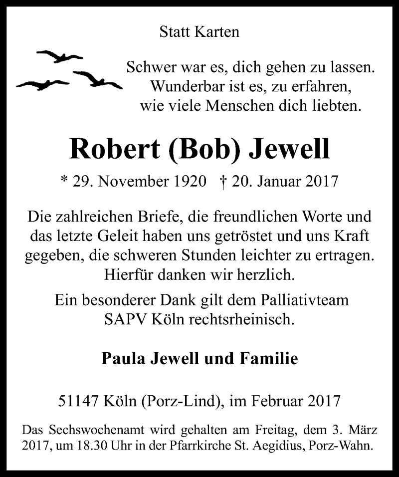  Traueranzeige für Robert Jewell vom 15.02.2017 aus  Kölner Wochenspiegel 